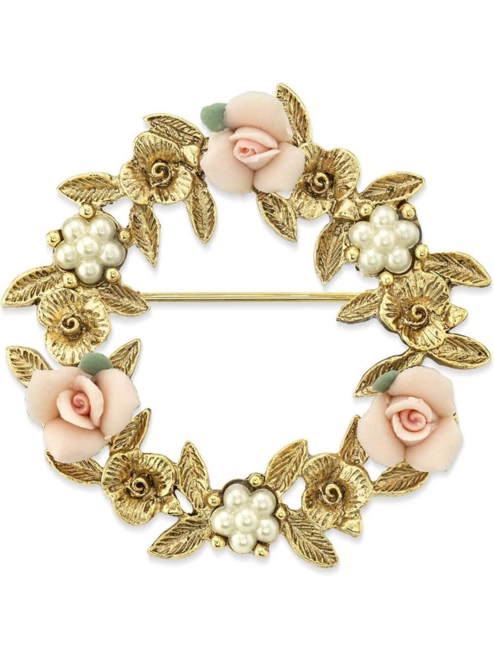 Handcrafted Vintage Pink Rose Wreath Brooch, 14K Gold Dipped Floral Accessory